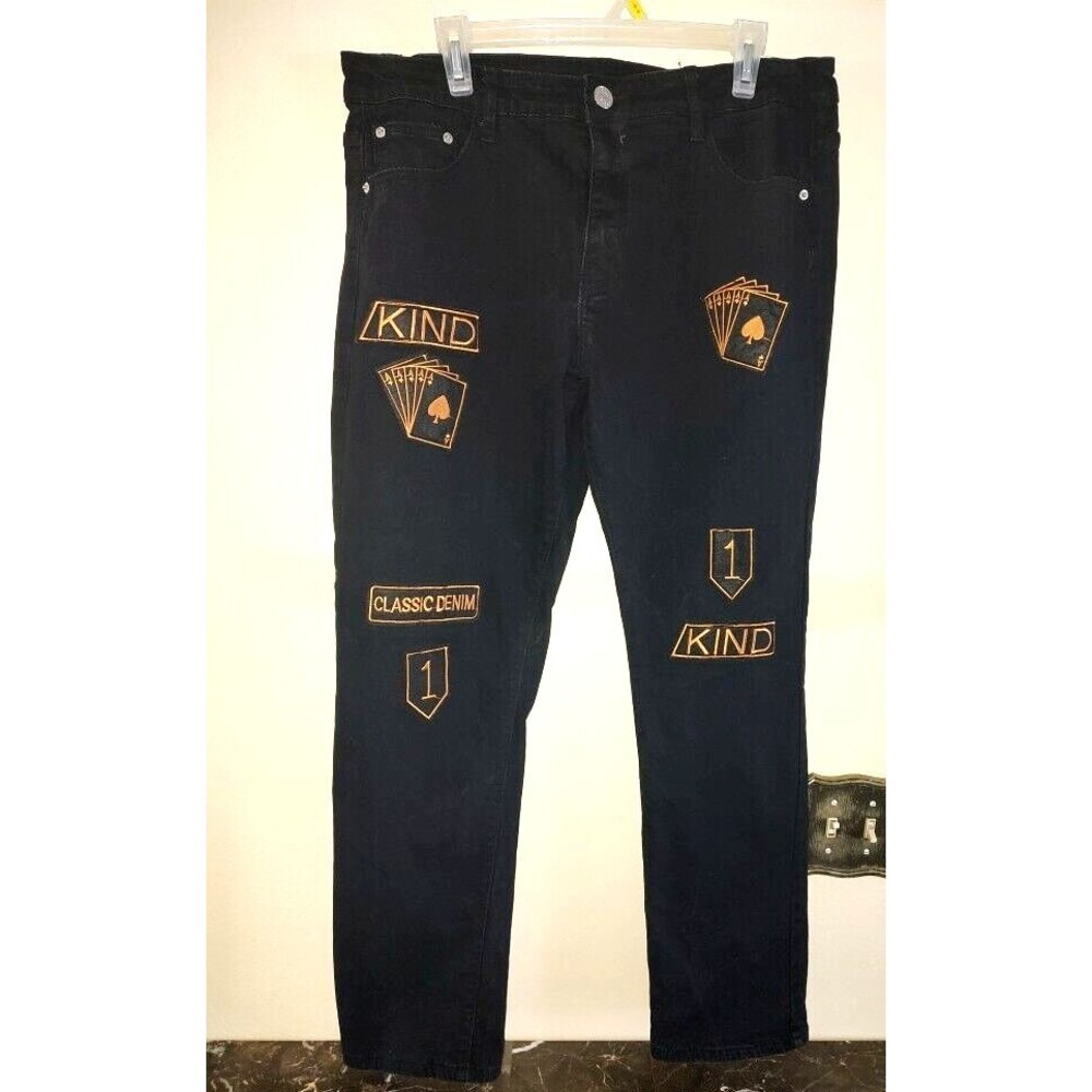 Men's D'ANDIJIESHEN Black Jeans Gold Poker Cards Embroidery Size 36